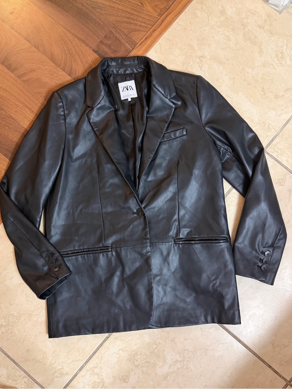 Zara Black Faux Leather Blazer Jacket